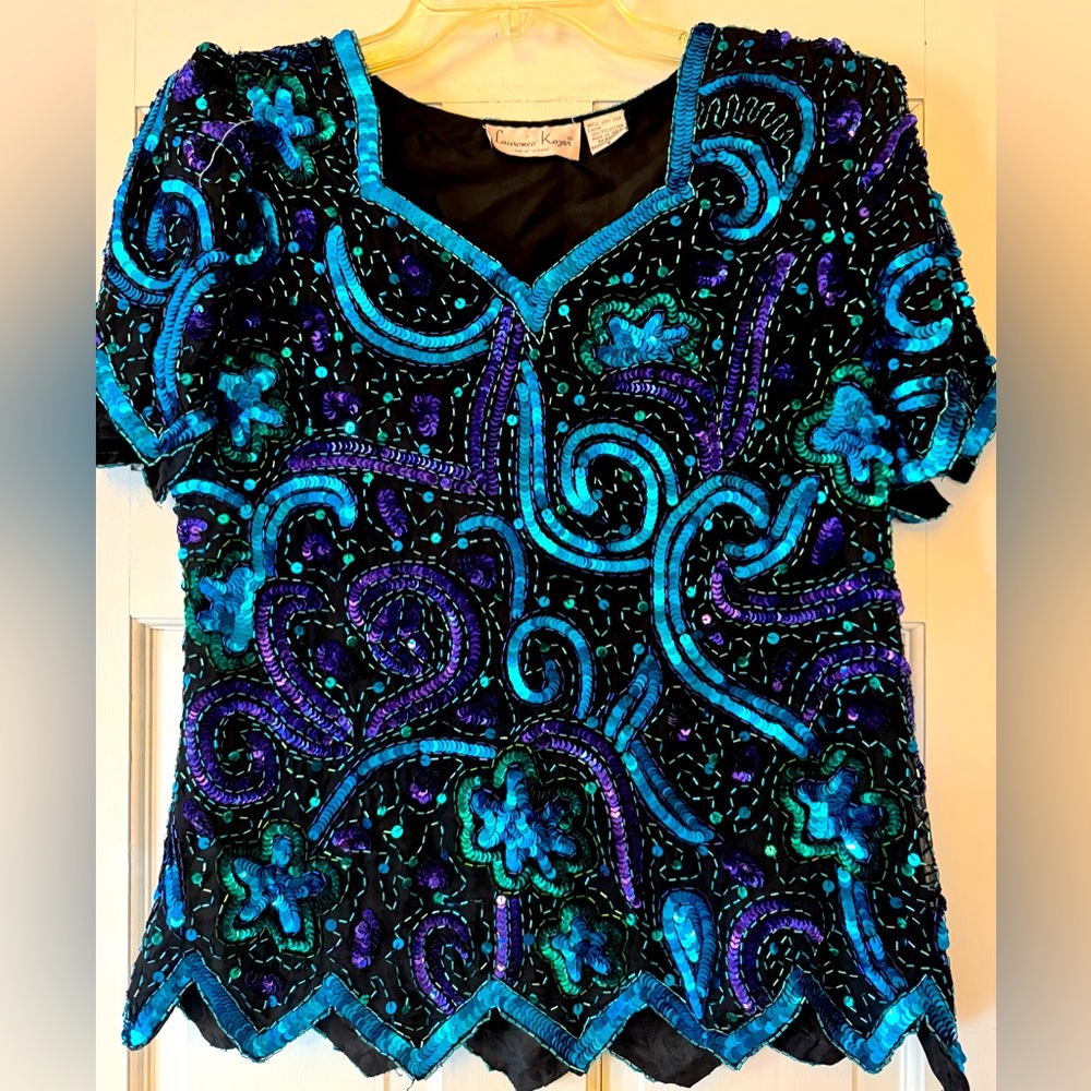 Vintage LAURENCE KAZAR sequined, short sleeve blouse; S,‎ EUC